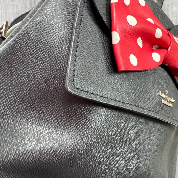 Kate Spade x Disney Minnie Mouse Black Leather Backpack with Red Polka Dot Bow - Picture 9 of 12